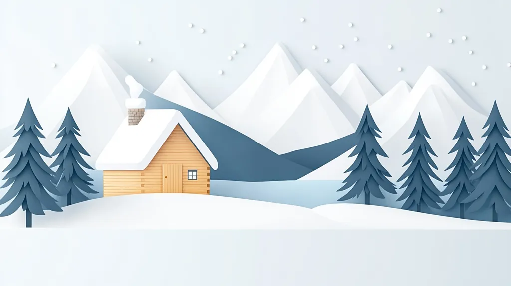 A charming paper-craft style illustration depicts a snowy winter scene. A cozy wooden cabin, topped with a layer of pristine white snow and emitting a wisp of smoke from its chimney, sits nestled amongst evergreen trees.  The backdrop features a range of snow-capped mountains, their peaks reaching into a light blue sky dusted with small snowflakes. The overall palette is serene and cool, evoking a sense of peace and tranquility in a winter wonderland.