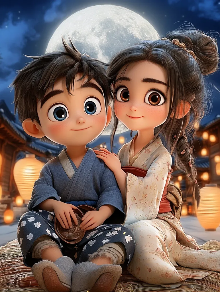 Here's a description of the image:

The image shows a charming depiction of a young boy and girl, styled in an anime or CGI fashion.  They are sitting close together under a large, bright moon, their expressions soft and affectionate. The boy, in a blue kimono-like garment, holds a small bowl. The girl, with her hair neatly styled in a bun, wears a delicate, light-colored kimono.  They are situated outdoors amidst a softly lit, Asian-inspired background featuring traditional lanterns, suggesting a nighttime scene of a festival or celebration.  The overall mood is sweet, romantic, and peaceful.