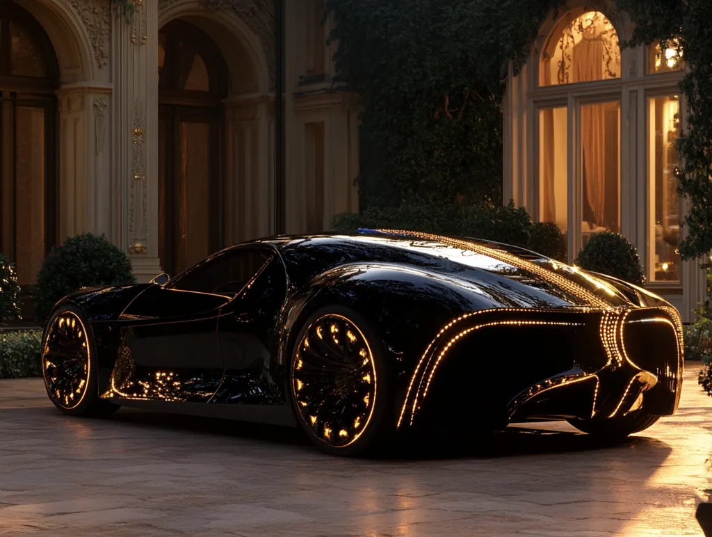 A sleek, black hypercar, adorned with elegant gold LED lights outlining its body, sits majestically before a grand, illuminated mansion. The car's design is futuristic, with sharp lines and large, intricate wheels. The warm glow from the house's windows contrasts beautifully with the car's dark exterior, creating a luxurious and captivating scene. The overall setting suggests wealth, sophistication, and a touch of cinematic grandeur.