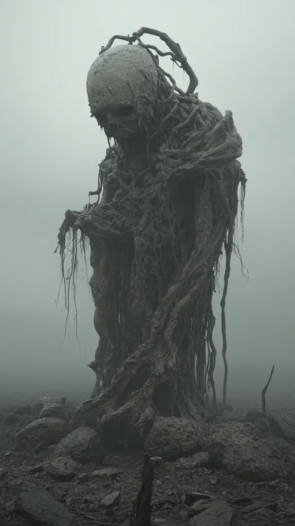 Here's a description of the image:

The image presents a haunting, monochromatic view of a creature seemingly composed of decaying matter and gnarled roots.  Its humanoid form is barely discernible beneath the thick, textured surface, suggesting a state of advanced decomposition or unnatural growth.  The creature appears to be hunched over, adding to its somber and mournful aura.  The background is a misty, desolate landscape of dark rocks and sparse, broken branches, enhancing the overall feeling of desolation and eeriness. The overall color palette is muted grays and greens, contributing to the grim and mysterious atmosphere.