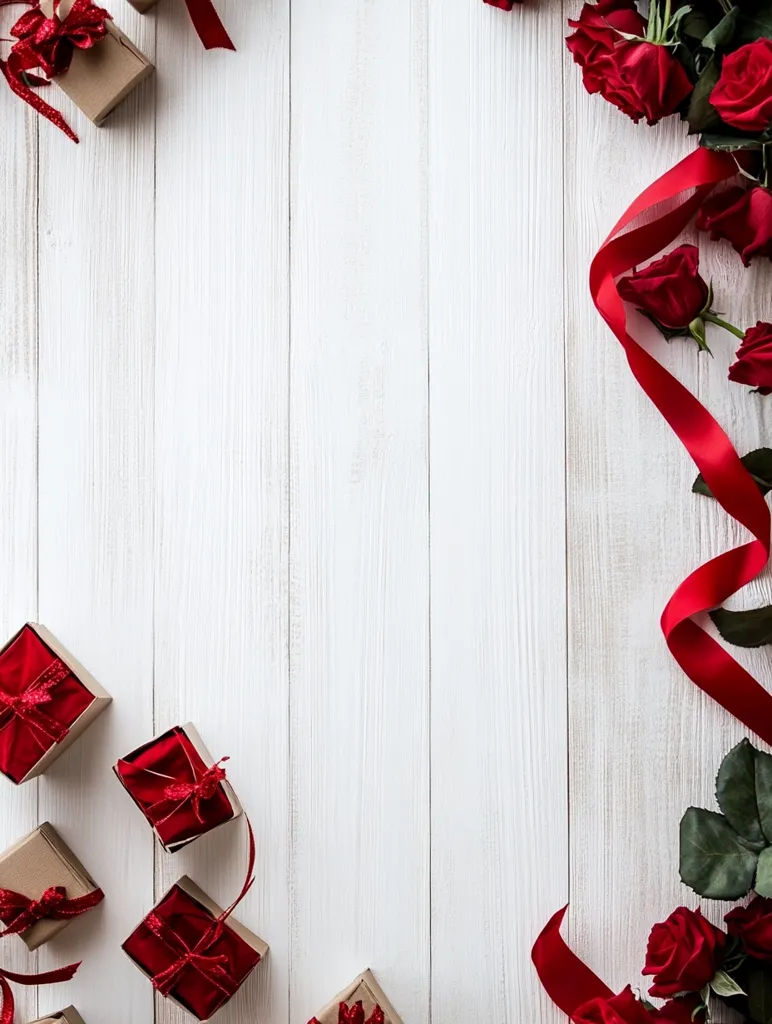 Here's a description of the image:

The image showcases a white wooden background with a central, empty space.  On either side, small, square gift boxes wrapped in kraft paper and adorned with red ribbons are arranged diagonally.  A vibrant red ribbon flows down the right side, alongside a bouquet of rich red roses, their deep color contrasting beautifully with the white wood. The overall composition is romantic and suggestive of Valentine's Day or a similar celebration of love.  The empty space in the center draws the eye and could be used for text or other design elements.