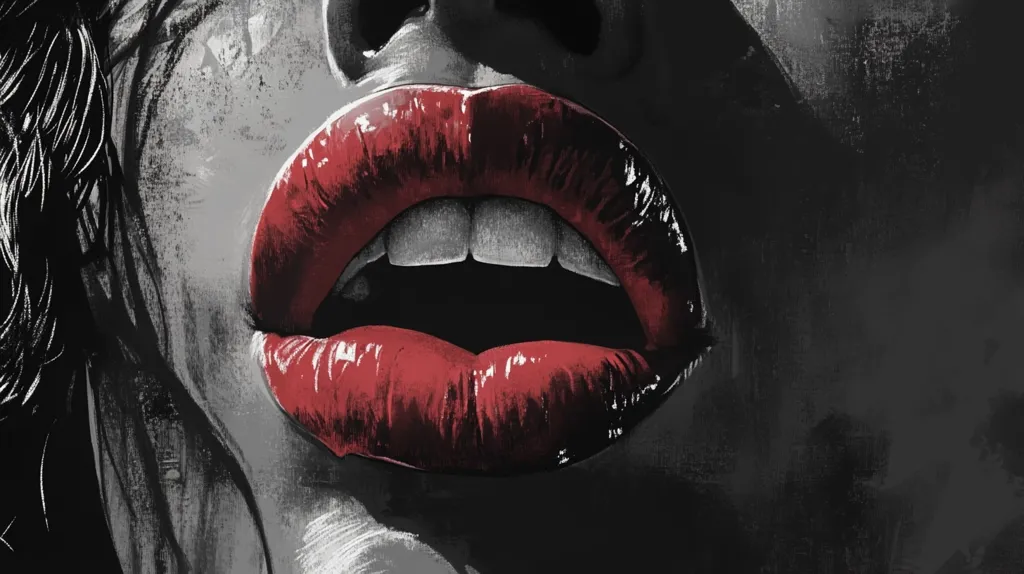 Here's a description of the image:

The image is a close-up, stylized depiction of a woman's mouth.  The lips are painted a bold, dark red, contrasting sharply with the predominantly grayscale tones of the face and background. The style is painterly and textured, with visible brushstrokes creating a sense of depth and movement.  The overall mood is dramatic and sensual, focusing attention solely on the expressive lips, slightly parted to reveal teeth. The dark background and  monochromatic palette emphasize the vibrant red of the lips, making them the focal point.