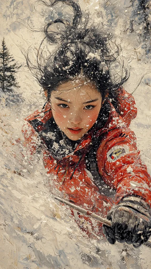 The painting depicts a young woman with dark hair, windblown and dusted with snow, intensely focused as she skis down a snowy slope.  She's clad in a vibrant orange ski jacket and dark gloves, her face partially obscured by the flurry of snow.  The impasto style creates a dynamic sense of motion and cold, emphasizing the raw energy of her descent amidst a wintry landscape hinted at in the background. The overall impression is one of exhilaration and the power of nature.