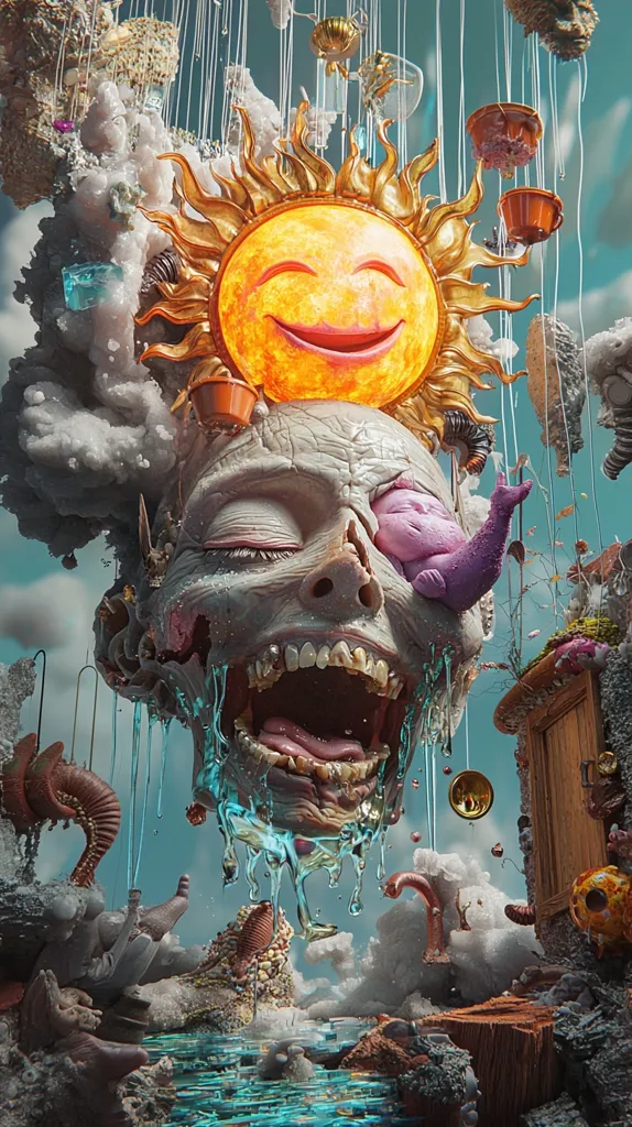 This surreal digital artwork depicts a melting, decaying face with a wide, gaping mouth, from which turquoise liquid drips.  Above it, a cheerful, golden sun smiles serenely.  The scene is a bizarre juxtaposition of decay and joy, with a small, purple creature resting on the face.  The background is a chaotic dreamscape of textured clouds, hanging pots, and strange organic forms, all rendered in vibrant, almost psychedelic colors.  The overall effect is one of unsettling beauty and paradoxical imagery.
