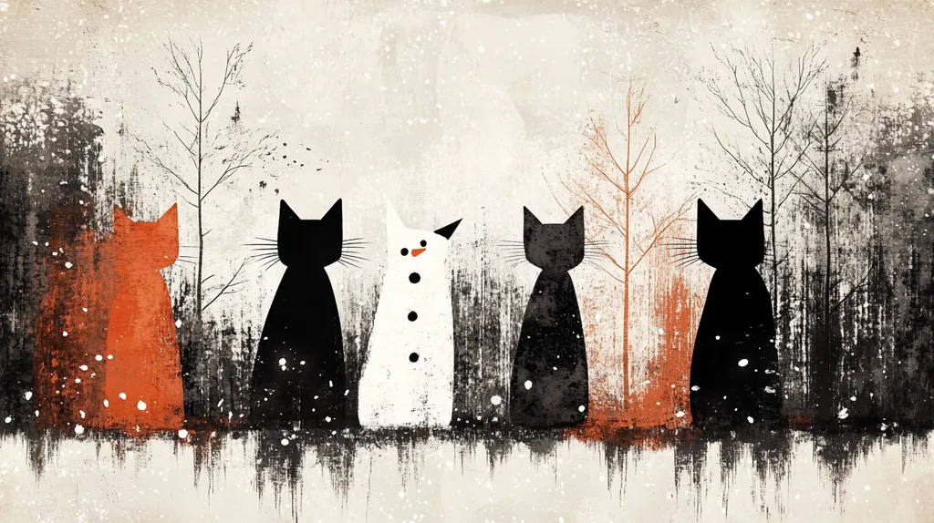 Here's a description of the image:

The artwork depicts a stylized winter scene featuring four cats and a snowman.  Two black cats flank a white snowman, which is positioned between two other cats—one orange-red and one black. The cats are rendered in simplified, almost silhouette-like forms against a textured background suggestive of a snowy, woodland setting with bare, spindly trees.  The overall style is minimalist and slightly whimsical, with a muted color palette dominated by blacks, whites, and muted oranges.  A textured, painterly effect adds to the image's wintery atmosphere.