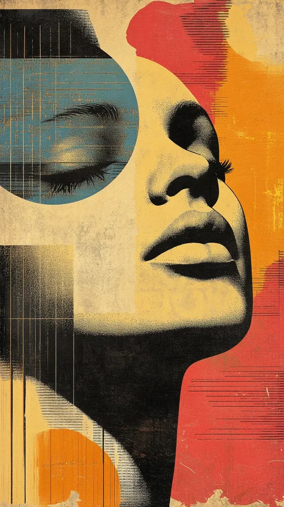 This artwork is a stylized portrait of a woman's face, rendered in a vintage, graphic style.  The image uses bold geometric shapes and textured color blocks in muted oranges, reds, and blues, contrasted with sharp black lines and pointillist shading on the face.  A large circular element incorporates part of the woman's eye, suggesting a fragmented or dreamlike quality.  The overall effect is a blend of retro graphic design and modern art, creating a powerful yet enigmatic mood. The background shows signs of age and wear, enhancing the vintage aesthetic.