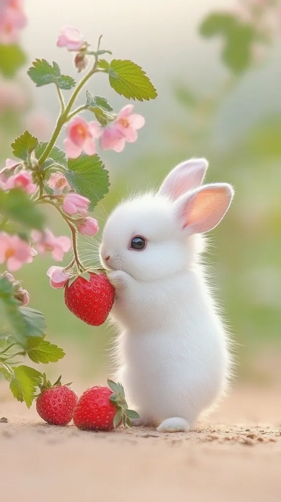 Here's a description of the image:

A fluffy white baby bunny sits amidst a strawberry plant with delicate pink flowers.  The bunny, small and adorable, holds a ripe red strawberry. Two more strawberries rest on the ground nearby. The overall setting is soft, with a gentle, blurred background suggesting an outdoor garden.  The image conveys a sense of springtime innocence and sweetness.