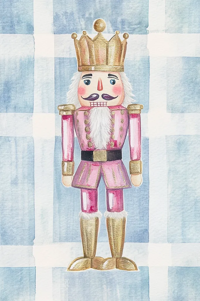 This watercolor painting depicts a nutcracker king. He is dressed in a pink and gold uniform, complete with a gold crown and boots. His face is detailed with rosy cheeks, a mustache, and a white beard.  The nutcracker stands against a background of a pale blue and white checkered pattern, creating a festive holiday feel. The style is whimsical and charming, suggesting a delicate, possibly handmade, Christmas ornament.