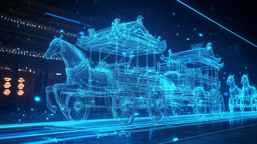 The image shows a digital rendering of an ornate, horse-drawn carriage, depicted as a glowing blue wireframe.  The carriage is highly detailed, suggesting an ancient or imperial design, possibly Chinese in origin, with a roof resembling a pavilion. Two horses pull the carriage, and another pair is visible in the background, also rendered in wireframe.  The scene is set against a blurred background suggesting a nighttime setting with Asian-style architecture, adding to the atmospheric feel.  The entire scene appears to be a digital reconstruction or holographic projection.
