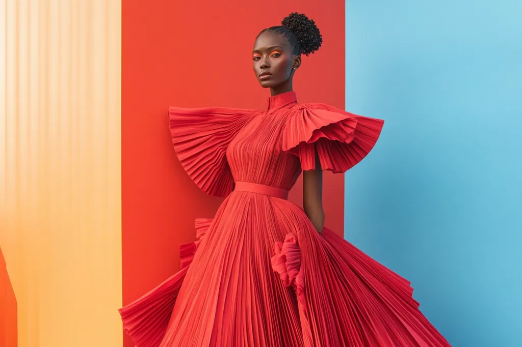 A Black woman with a high bun hairstyle models a vibrant red pleated gown. The dress features dramatic, oversized pleated sleeves and a full, flowing skirt.  She stands against a backdrop of contrasting colors: pale orange, bold red, and a light blue, creating a visually striking image. The model's makeup is subtly dramatic, complementing the bold color of her dress. The overall aesthetic is one of high fashion and elegance.