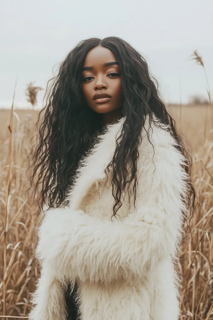 Here's a description of the image:

A young Black woman with long, wavy dark hair stands in a field of tall, dry grass. She's wearing a long, fluffy, off-white coat, which she holds crossed over her chest. Her expression is serious and her gaze is directed slightly away from the camera. The muted background colors and the soft texture of her coat create a calm and somewhat melancholic mood. The overall aesthetic is stylish and subtly evocative.