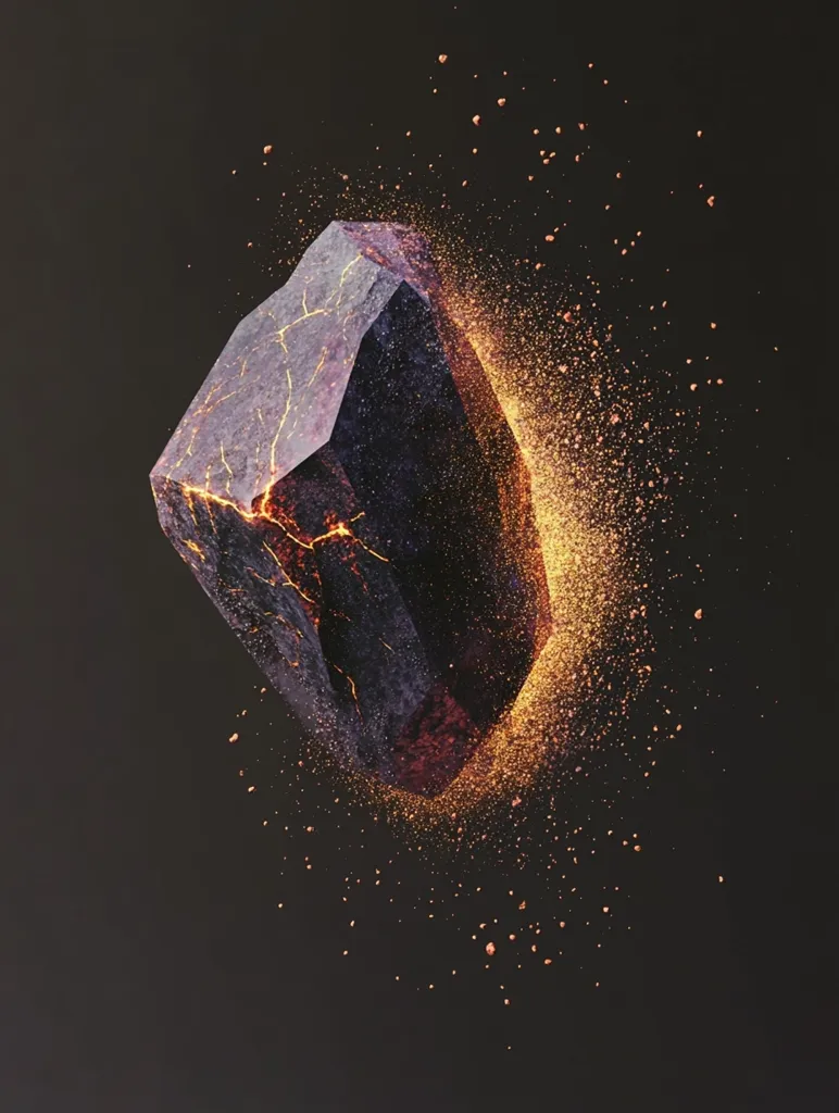 The image showcases a dark, angular rock fragment seemingly fracturing.  Intense orange-gold energy, like molten sparks or glowing dust, emanates from cracks within the rock and trails behind it, creating a dynamic, almost explosive effect against a deep charcoal background.  The overall impression is one of intense heat, powerful disintegration, and raw energy.