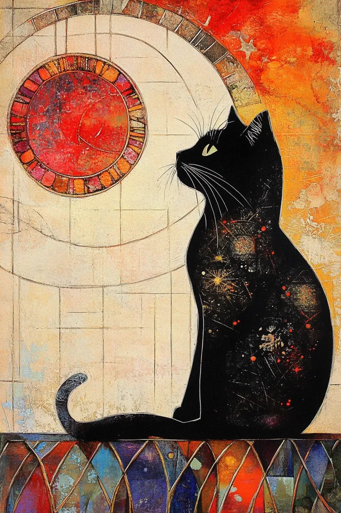 The artwork depicts a stylized black cat sitting in profile, gazing towards a large, circular, stained-glass-like design in warm reds and oranges. The cat's fur is textured with speckles of light and dark, giving it a celestial feel. The background is a muted beige with grid lines, contrasting with the vibrant colors of the circle and the base where the cat sits. The base resembles a mosaic or stained-glass pattern in blues, greens, and reds. The overall style is modern and slightly abstract, blending realistic elements with artistic license in color and texture.