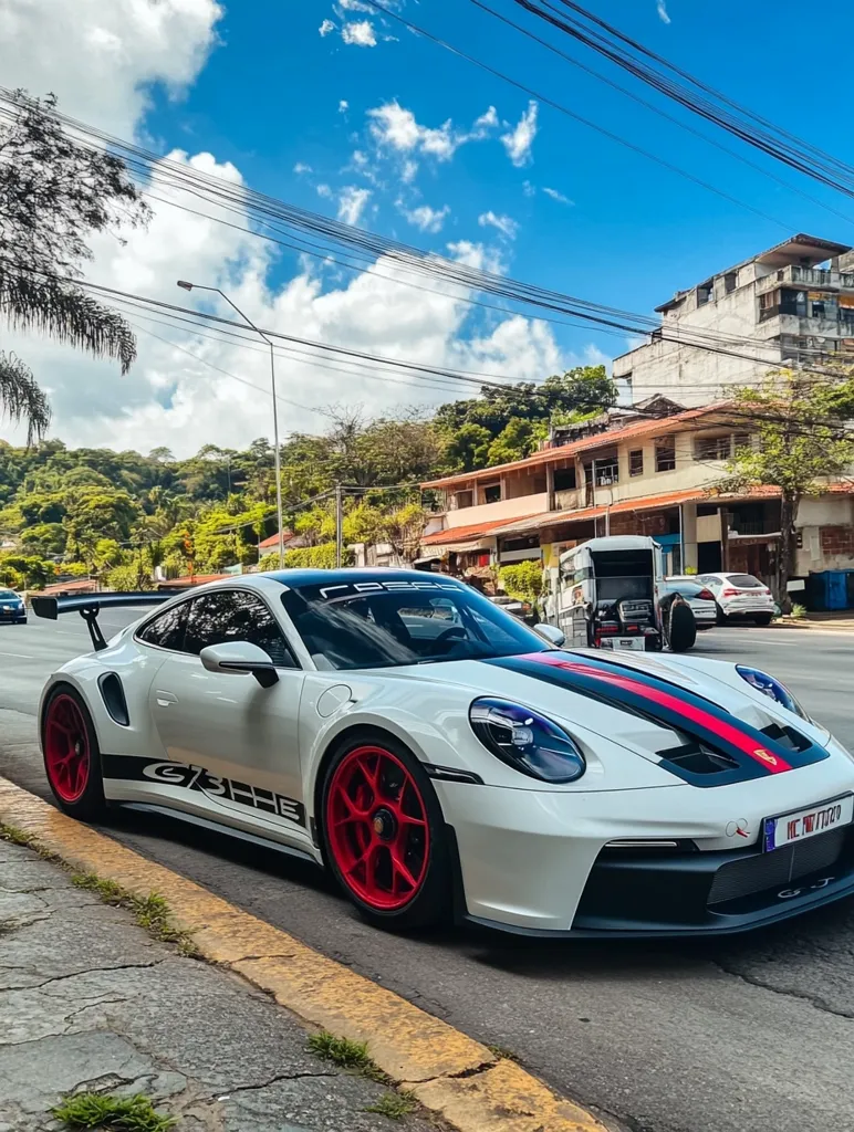 Here's a description of the image:

A pristine white Porsche 911 GT3 RS is parked on a city street, angled slightly to the left.  The car features a black and red racing stripe down the center and prominent GT3 RS badging.  Its red brake calipers are visible through the stylish wheels. The background shows a sunny day with a partly cloudy sky, and a residential area with low buildings, lush greenery, and power lines.  The street is relatively quiet, with a few other vehicles visible in the distance.  The overall impression is one of luxury and speed juxtaposed against a more modest urban setting.