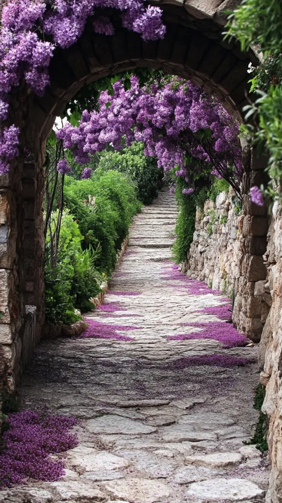 A stone pathway, carpeted with purple blossoms, winds through a lush garden.  A stone archway, draped with vibrant purple lilac, frames the scene.  The path ascends gently, lined with greenery and stone walls, creating a romantic and secluded walkway.  Purple petals scatter the path, adding to the enchanting atmosphere. The overall impression is one of serene beauty and tranquility.