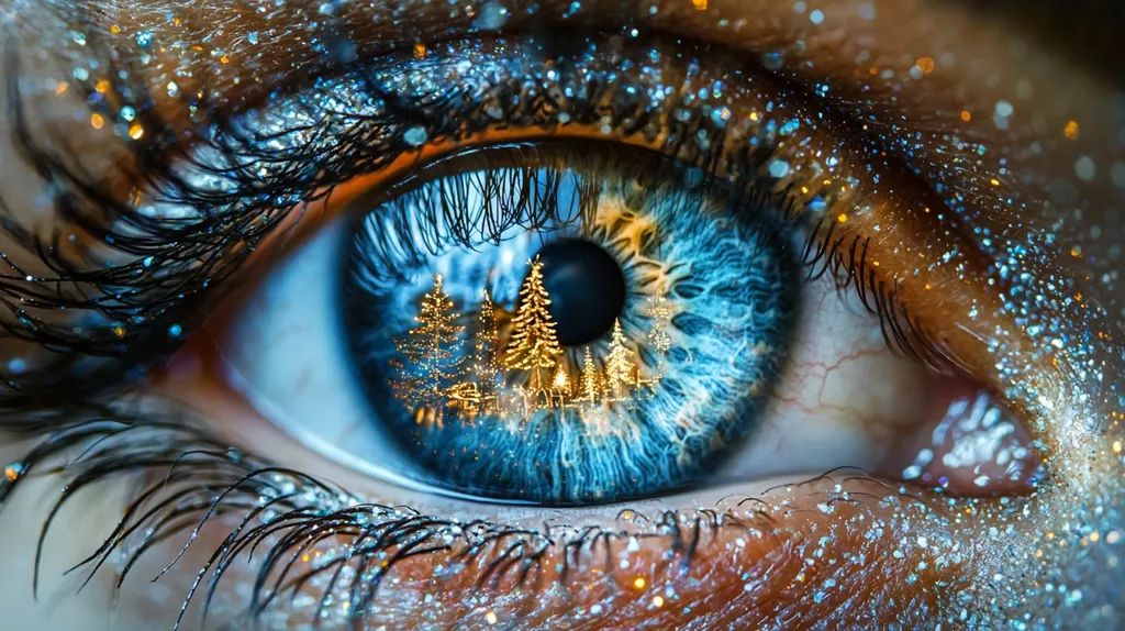 A close-up of a sparkling eye, adorned with glitter, reflects a whimsical winter scene.  The blue iris displays a miniature landscape of illuminated Christmas trees, creating a captivating juxtaposition of macro and micro.  The eyelashes are long and dark, adding depth to the image.  The overall effect is magical and ethereal, a blend of festive cheer and intricate detail.