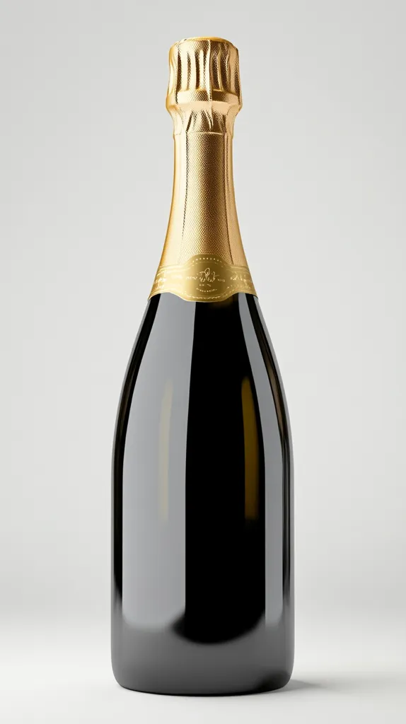 Here's a description of the image:

The image shows a single bottle of champagne against a plain white background. The bottle is dark, possibly black or dark green glass, with a gleaming, polished surface reflecting light. The foil at the neck of the bottle is gold, intricately textured, and has a small, subtly-detailed label. The overall presentation is sleek, sophisticated, and suggests a high-quality product. The lighting is even, emphasizing the bottle's form and reflective qualities.