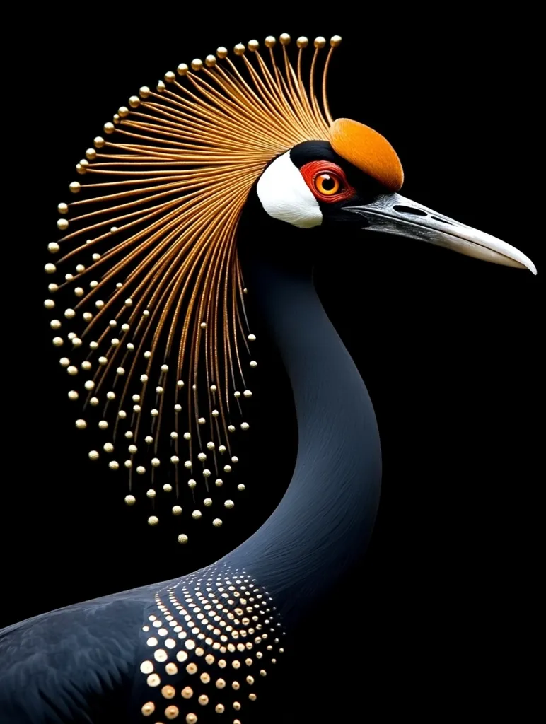 Close-up view of a crowned crane, predominantly black with striking gold accents.  Its head features a vibrant orange and white mask, and a magnificent golden crest of slender, pointed feathers extends outward.  The body is adorned with small, gold-colored spots arranged in a pattern. The bird is sharply in focus against a plain black background, making its details and elegant form stand out.