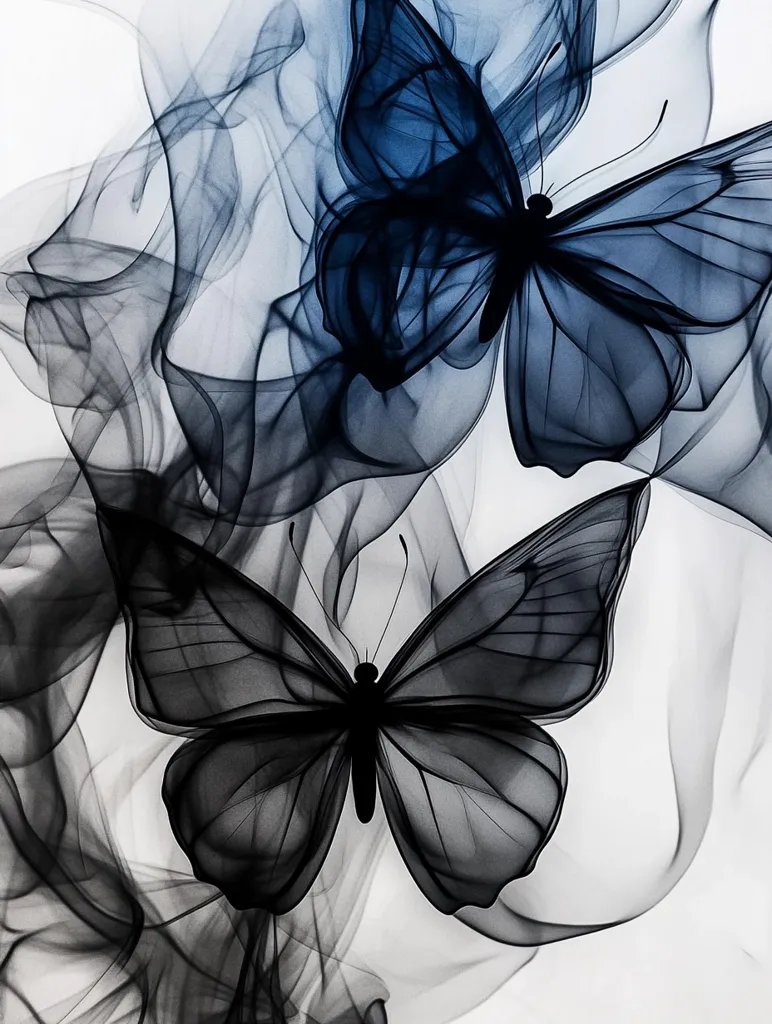 Here's a description of the image:

The artwork depicts two ethereal butterflies rendered in shades of dark blue and black against a white background.  The butterflies appear translucent, almost smoky, their wings intricately detailed with delicate veins. They are partially obscured by swirling, wispy smoke-like tendrils that create a sense of movement and fluidity. The overall aesthetic is dark, elegant, and slightly mysterious, suggesting themes of transformation and ephemerality.  The contrast between the dark butterflies and the light background enhances their otherworldly quality.