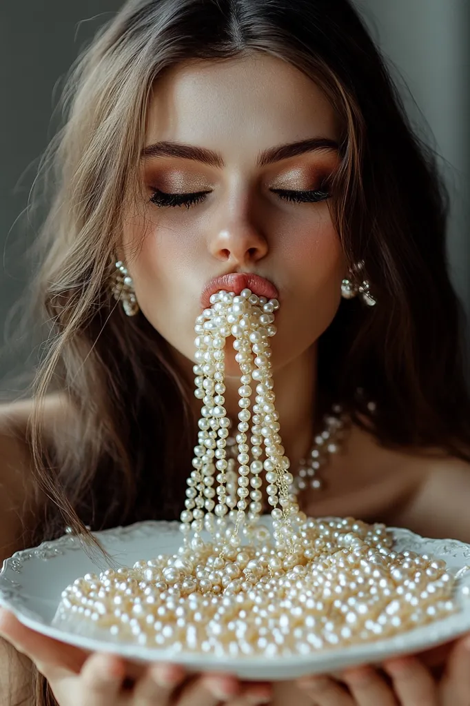 A young woman with long brown hair and elegant makeup holds a large, shallow white plate overflowing with lustrous pearls.  A cascade of pearls spills from her lips, connecting to a longer necklace draped around her neck.  The overall image is one of luxurious beauty and a surreal, slightly whimsical aesthetic.  The pearls are the central focus, creating a captivating visual contrast against her skin.