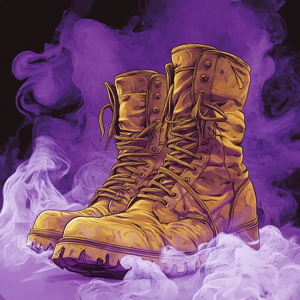 Here's a description of the image:

A close-up illustration depicts a pair of worn, tan leather combat boots nestled in a swirl of purple smoke. The boots are laced up, showing signs of use and wear. Their details are meticulously rendered, highlighting the texture of the leather and the stitching. The contrast between the earthy tones of the boots and the vibrant purple smoke creates a striking visual effect, suggesting a sense of mystery or adventure.  The overall style is reminiscent of graphic novel art or a vintage poster.