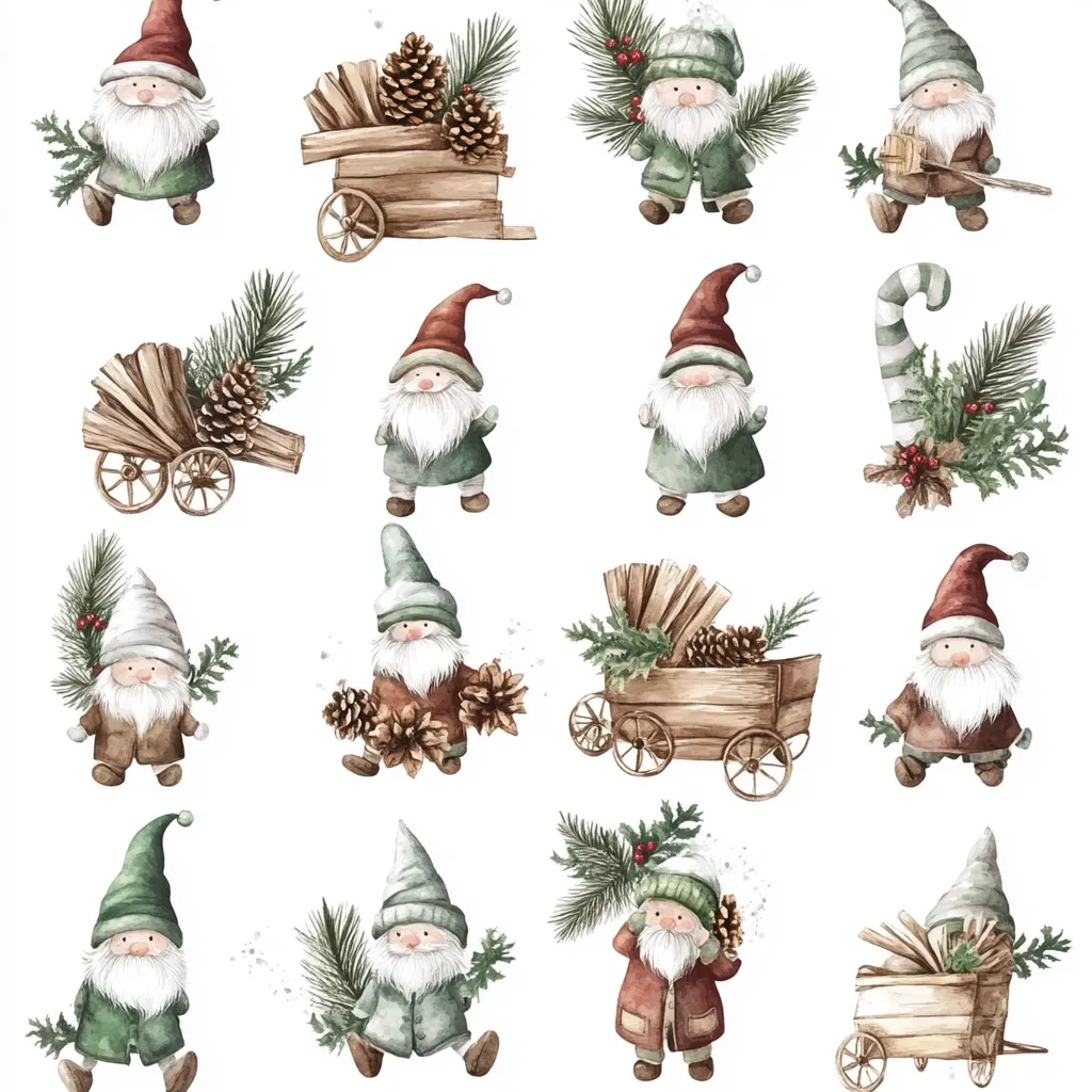 This watercolor illustration features a charming collection of Christmas gnomes.  Each gnome is uniquely dressed in varying shades of green, red, and brown, and some carry sprigs of holly or pine cones. Wooden carts laden with firewood and pine cones are also depicted, creating a cozy, festive winter scene. The style is whimsical and charming, perfect for holiday decorations or cards. The overall palette is muted and earthy, enhancing the rustic feel.