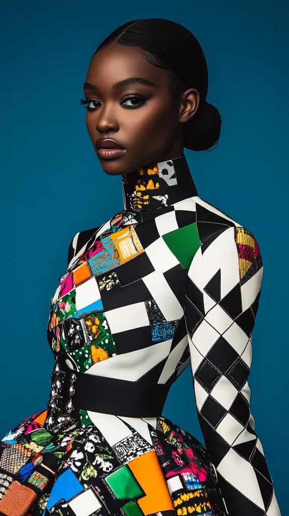 Here is a description of the image:

Close-up view of a young Black woman with dark skin and dark hair styled in a neat bun. She is modeling a striking, high-necked dress with a bold geometric pattern. The dress features a mix of black and white blocks, interspersed with vibrant pops of color—including orange, turquoise, and pink—in smaller, patterned sections.  The fabric appears structured and possibly quilted or appliquéd. The backdrop is a solid, deep teal, which provides a contrast to the dress's bright colors.  The model’s expression is serious and poised, her gaze directed slightly away from the camera.