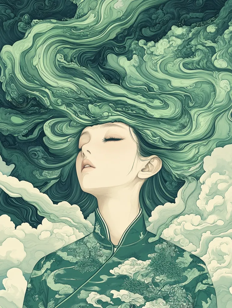 The illustration depicts a serene woman with flowing, jade-green hair that resembles swirling clouds and water. Her eyes are closed, suggesting peace or contemplation. She wears a traditional-style garment adorned with similar swirling patterns, seamlessly blending her attire with her ethereal hair. The overall color palette is a calming blend of greens and whites, creating a dreamy, almost mystical atmosphere. The style is reminiscent of East Asian art, with detailed linework and subtle shading.