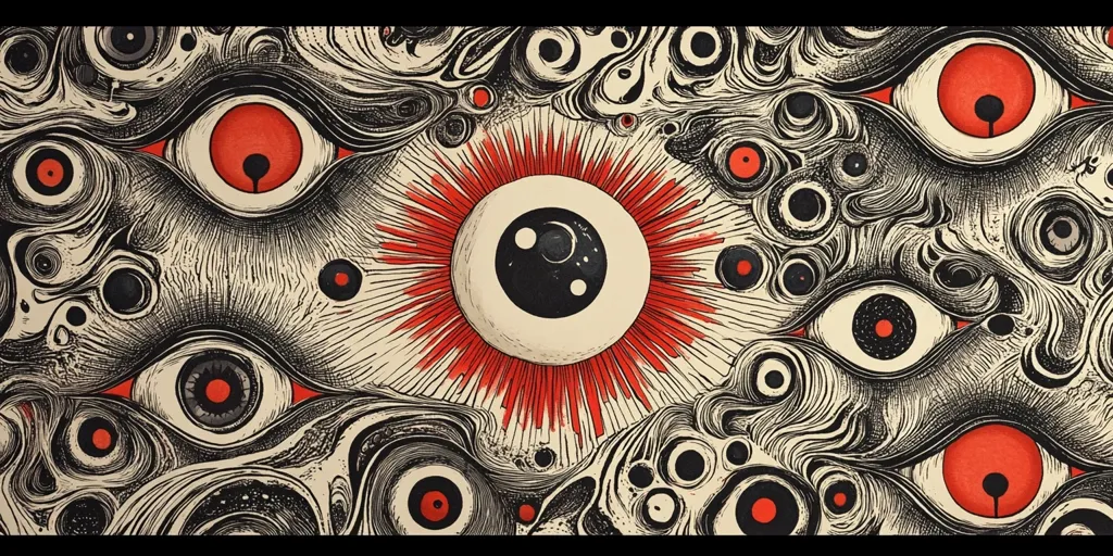 The image is a psychedelic artwork featuring numerous eyes, rendered in black and red against a cream background. The eyes vary in size and detail, some with red irises, others with black.  They are embedded within a swirling, textured pattern of black lines that resembles a chaotic, organic form.  A central, large eye, radiating red, commands attention. The overall effect is surreal and somewhat unsettling, creating a hypnotic visual experience.