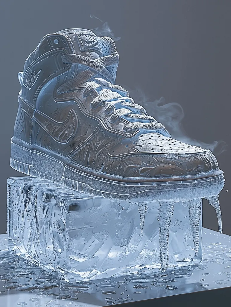 Here's a description of the image:

A Nike Dunk high-top sneaker, seemingly made of ice or frosted glass, rests on a large, clear ice cube.  Icicles form from the shoe's sole and drip onto the glossy surface below.  The shoe's design is faintly visible through the frosty effect, suggesting a detailed pattern. A slight haze, possibly representing vapor or frost, surrounds the shoe. The overall color palette is cool, with various shades of light blue and white dominating the scene. The image creates a surreal and striking visual contrast between the sneaker's design and the icy, frozen setting.