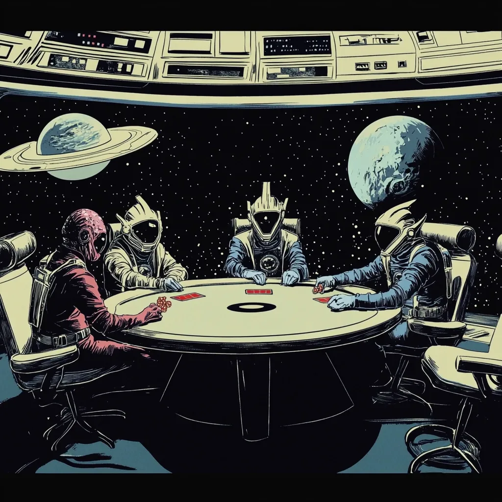 Here's a description of the image:

The illustration depicts four extraterrestrial beings seated around a circular table in a spaceship, engaged in a card game.  Two are astronauts in futuristic suits, one has pinkish-red skin, and the fourth has a helmet obscuring their face. The scene is set against the backdrop of deep space, featuring a planet and ringed planet visible through the ship's window. The style is reminiscent of retro-futuristic comic art, with bold outlines and a limited color palette. The overall mood is playful and slightly surreal.