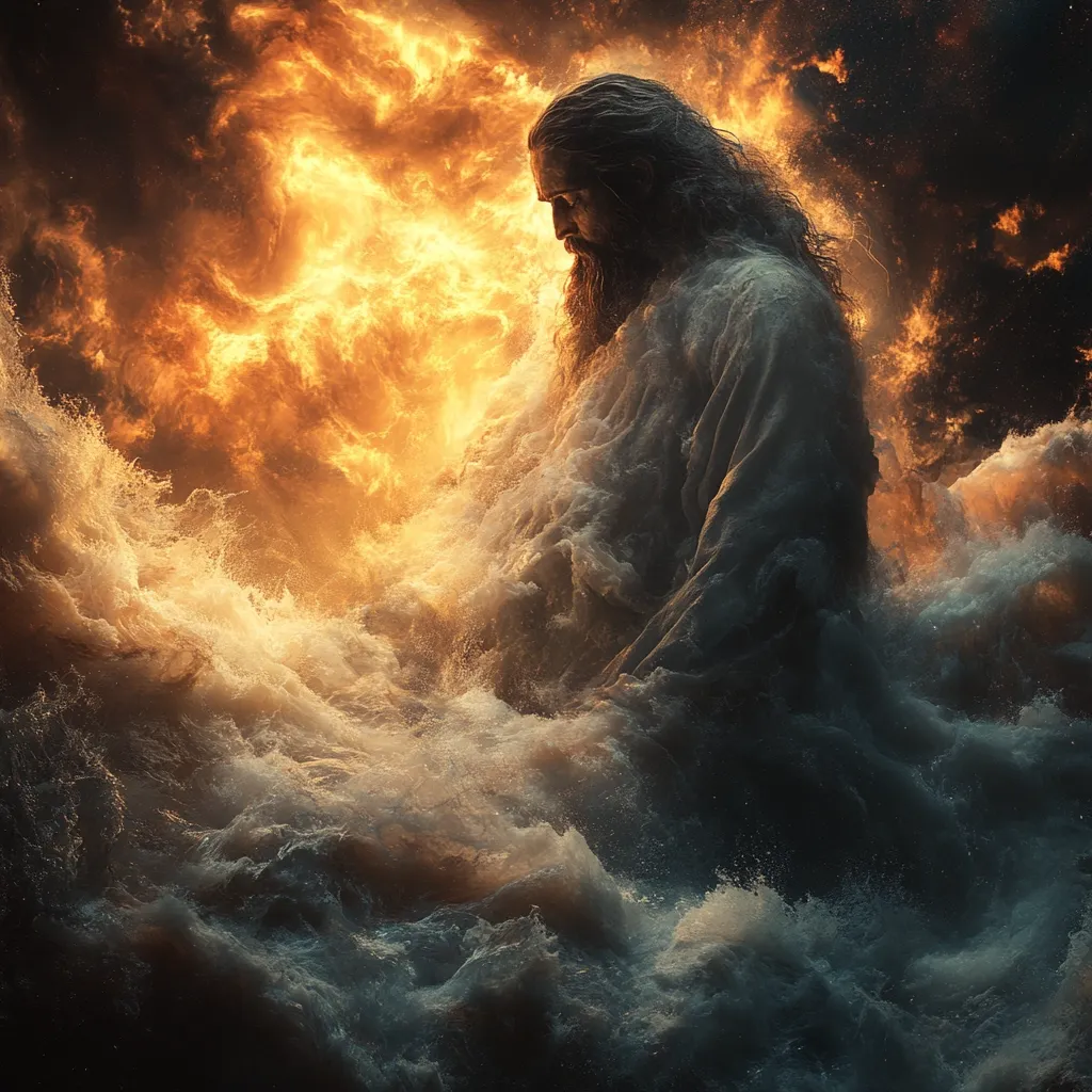 A digital artwork depicts a long-haired, bearded man, seemingly a deity, emerging from turbulent, churning water.  He is cloaked in flowing, dark garments that blend with the waves.  Behind him, a fiery, incandescent backdrop suggests power and chaos. The overall mood is one of intense drama and divine presence, a blend of elemental forces and spiritual authority. The image is dark and moody, yet the fiery background provides a stark contrast.