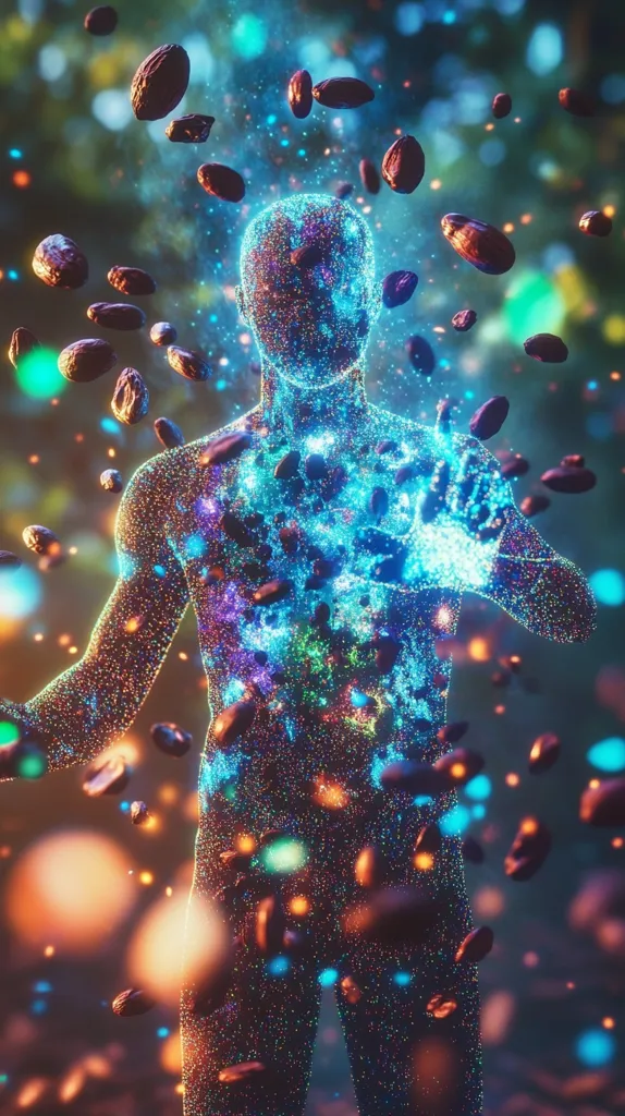 A vibrant, abstract image depicts a human-like figure composed of glowing particles.  The figure is surrounded by a flurry of dark, oblong objects, possibly seeds or nuts, which seem to be both within and around the body.  The overall effect is ethereal and dreamlike, with a blend of warm and cool colors creating a mystical atmosphere.  The background is a blurry mix of greens and blues, suggesting a natural environment. The image evokes a sense of transformation or connection between the figure and the surrounding elements.