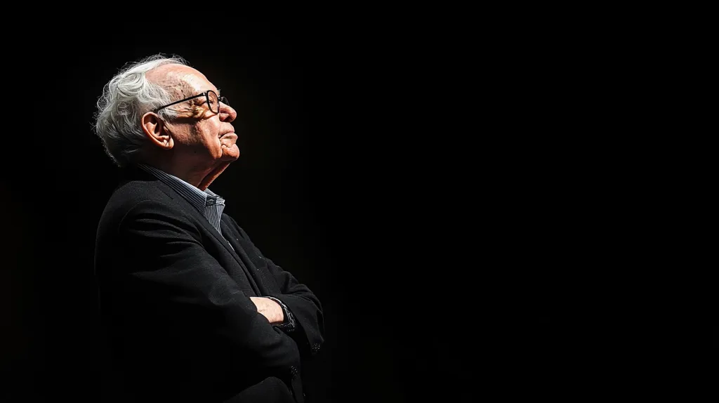 Here's a description of the image:

The image is a profile shot of an elderly man, possibly in his late 70s or 80s, with white hair combed back. He's wearing glasses and a dark suit jacket, his arms folded across his chest.  The background is entirely black, leaving the man sharply lit in profile against the darkness. The lighting is dramatic, focusing intensely on him, creating a strong contrast and a sense of contemplation or seriousness. The overall mood is one of quiet intensity and thoughtfulness.
