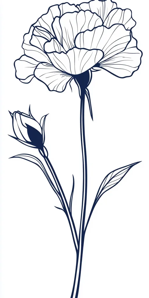Here's a description of the image:

The image is a line drawing of a single flower stem, rendered in dark blue against a white background. The main flower is large and fully bloomed, with many delicate, intricately detailed petals.  A smaller, closed bud is visible lower on the stem, suggesting growth.  The stem is long and slender, with a few leaves adding to its elegance. The overall style is minimalist and elegant, suggestive of botanical illustration.