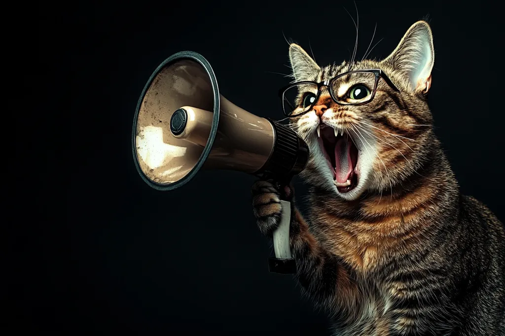 A tabby cat, wearing glasses, is shown holding a vintage megaphone and yelling.  The cat's mouth is wide open, revealing its teeth and tongue.  The megaphone is old and slightly worn. The background is black, providing a stark contrast to the cat and the megaphone. The image is humorous and suggests the cat is making an announcement.