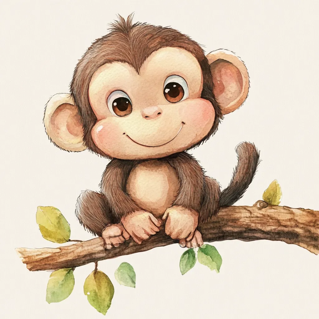 Here's a description of the image:

The watercolor illustration depicts a charming baby monkey sitting on a tree branch. The monkey is light brown with darker brown fur, large expressive brown eyes, and rosy cheeks. Its posture is sweet and endearing, with hands clasped together. The branch it sits on is textured, brown, and has small, green leaves sprouting from it, suggesting a jungle or forest setting.  The overall style is cute and childlike, suitable for children's books or nursery décor. The background is a simple, off-white, allowing the monkey to be the focus.