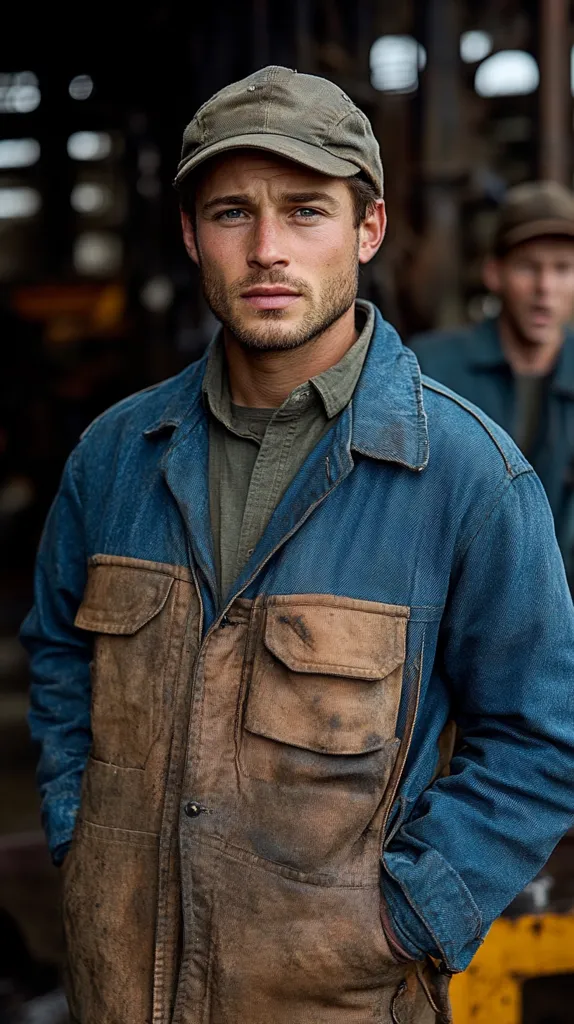 A young man with a serious expression is captured in a close-up shot. He wears a worn, two-toned denim jacket—blue on top, brown below—with a green collared shirt underneath.  A faded olive-green baseball cap sits on his head.  The background is blurred but shows an industrial setting, with another man in the distance, suggesting a work environment. The overall image evokes a sense of ruggedness and hard work.