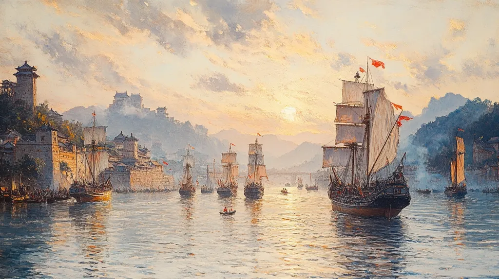 A tranquil sunset scene depicts a fleet of sailing ships approaching a fortified Chinese city nestled amongst misty hills.  The ships, varying in size, carry numerous sails, some billowing in a gentle breeze. The city walls are detailed, showing traditional architecture.  The calm water reflects the warm hues of the setting sun, creating a serene and evocative atmosphere of a historical maritime encounter.  A few smaller boats are scattered across the water. The overall impression is one of peaceful trade or diplomacy.