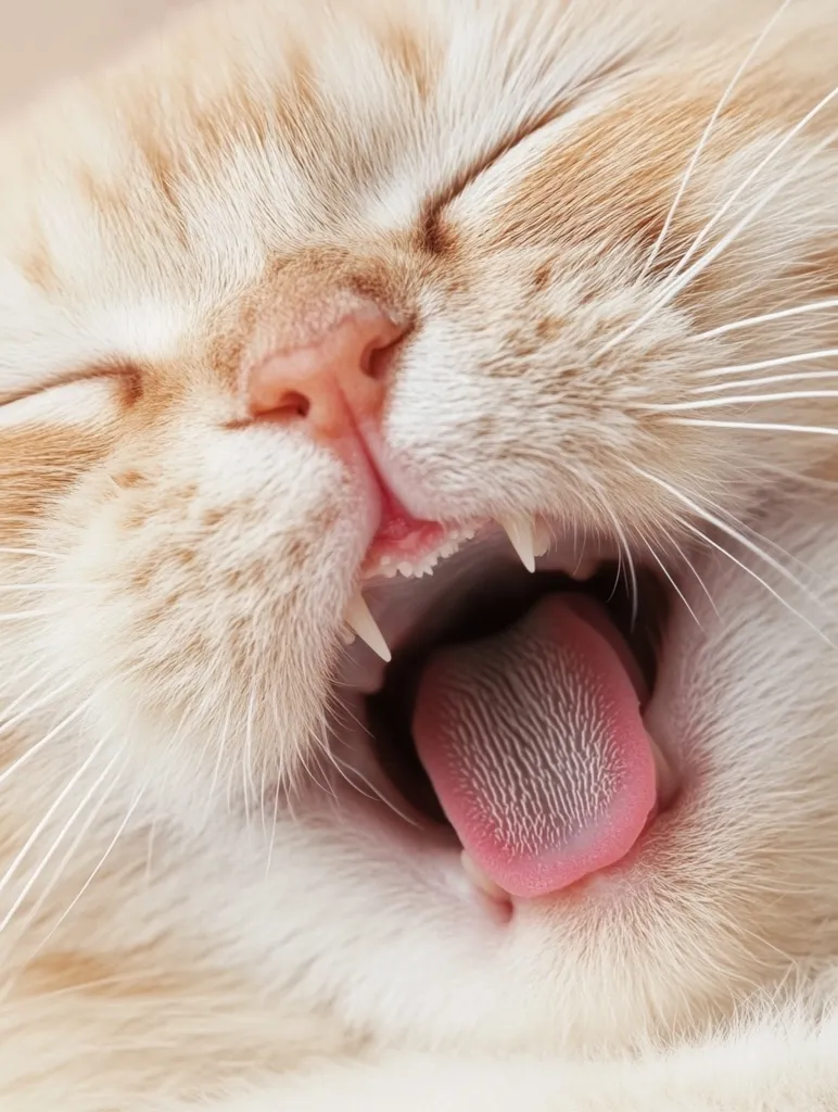 Here's a description of the image:

Close-up view of a light orange or cream-colored cat's face.  The cat's eyes are closed, and its mouth is open in a relaxed yawn, revealing its pink tongue and teeth.  The fur is soft and fluffy, with visible whiskers extending outwards. The focus is sharp on the cat's mouth and nose, with a gentle softening in the background. The overall impression is one of peaceful sleepiness or contentment.