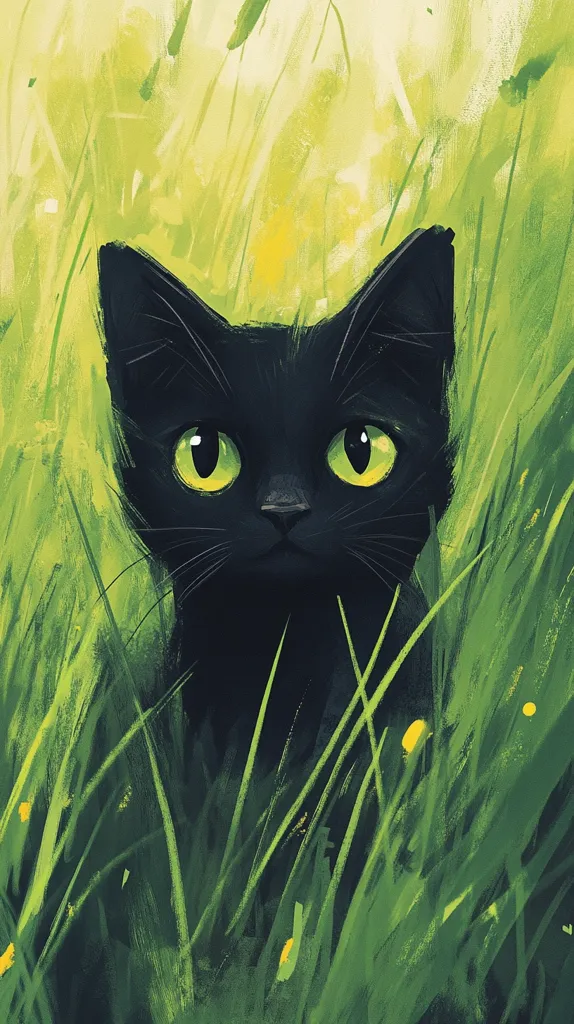 Here's a description of the image:

The painting showcases a black cat with striking bright green eyes, partially hidden within tall, vibrant green grass. The artistic style is loose and impressionistic, with visible brushstrokes creating a textured effect. The grass is depicted in varying shades of green, suggesting depth and movement.  The cat's gaze is directly at the viewer, creating a captivating and slightly mysterious mood.  Small yellow dots scattered amongst the greenery might represent wildflowers. The overall color palette is rich and contrasting, with the deep black of the cat standing out against the bright green background.