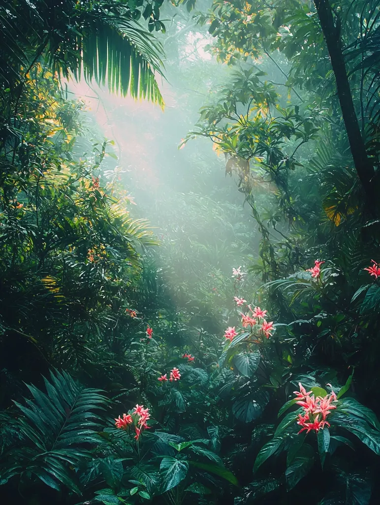 Here's a description of the image:

A sunbeam pierces the dense, verdant canopy of a lush rainforest.  The air is misty, creating a dreamlike atmosphere.  Vibrant pink and red flowers punctuate the deep green foliage, scattered throughout the undergrowth. Large, tropical leaves dominate the scene, with their surfaces glistening with moisture.  The overall effect is one of serenity and mystery, highlighting the beauty and abundance of a tropical ecosystem.