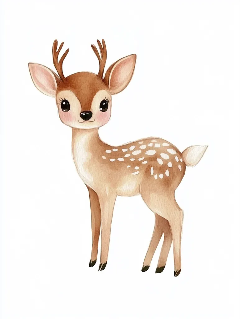 Here is a description of the image:

The image is a watercolor painting of a fawn, a young deer. It is depicted in a cute, stylized manner, with large, expressive eyes and small, delicate antlers. The fawn's coat is light brown with white spots, typical of a young deer.  It stands in profile view against a plain white background, giving the illustration a clean and simple aesthetic. The overall style is charming and suitable for children's illustrations or designs.