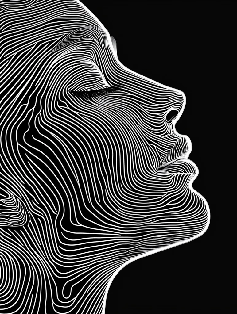 Here's a description of the image:

The image is a stylized line drawing of a woman's face in profile, rendered in stark black and white.  The lines are tightly packed, curving and flowing to create a sense of depth and form, resembling contour lines on a topographic map. Her eyes are closed, suggesting serenity or contemplation. The style is minimalist yet expressive, emphasizing the curves and contours of the face rather than specific features. The overall effect is elegant and somewhat abstract.