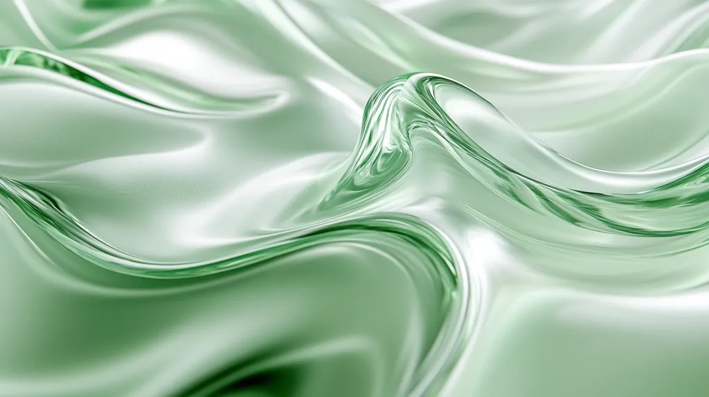 The image shows a close-up of a pale green, flowing substance.  Its texture suggests a viscous liquid or perhaps a highly polished, smooth material. The light reflects off the surface, creating subtle highlights and shadows that accentuate the undulating, wave-like forms. The overall effect is one of fluidity, elegance, and serenity, with a calming, almost ethereal quality. The color palette is monochromatic, focusing on varying shades of soft green.
