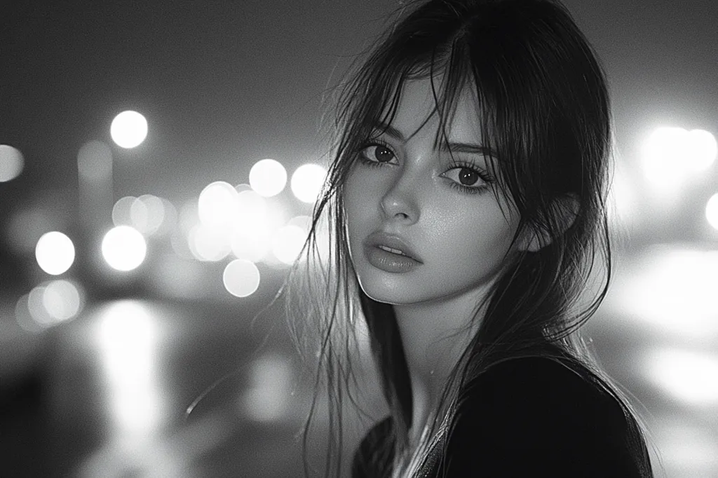 Here's a description of the image:

The black and white photograph features a young woman with long, dark hair that partially obscures her face. Her expression is serious and slightly melancholic.  Her hair is wet-looking and falls loosely around her shoulders.  She is looking directly at the camera. The background is blurred, showing out-of-focus city lights at night, creating a bokeh effect that contrasts with the sharp focus on the woman's face.  The overall mood is moody and atmospheric.