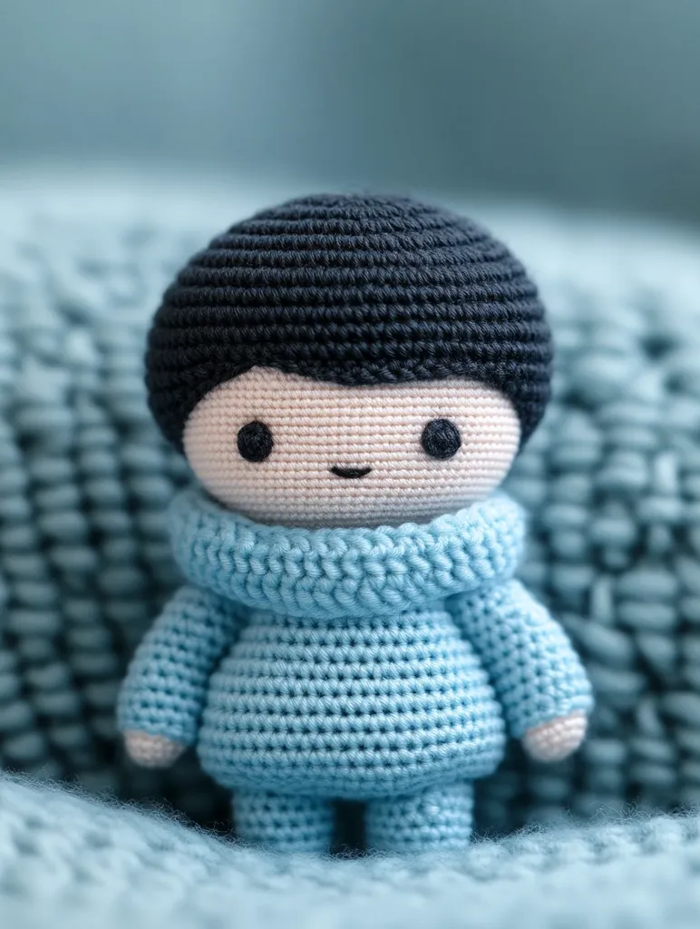Here's a description of the image:

Close-up view of a crocheted amigurumi doll.  The doll is small, with a light blue outfit featuring a turtleneck sweater and matching pants.  Its head is dark gray or black, giving the impression of short hair, and its face is simple with embroidered features:  small black eyes and a subtly smiling mouth. The doll sits on a textured light blue knitted or crocheted blanket, providing a soft, cozy backdrop. The overall style is minimalist and charming, with a focus on the delicate handiwork of the crochet.