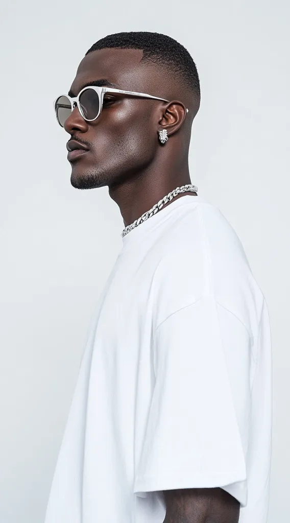 Here's a description of the image:

Close-up profile view of a dark-skinned man with short, neatly styled hair. He's wearing a plain white oversized t-shirt and a silver cuban link chain necklace.  He also sports a pair of light-colored, possibly silver or white, rectangular sunglasses and small, subtle earrings. The background is a plain, light grey, ensuring the focus remains on the man. The overall aesthetic is minimalist and stylish.