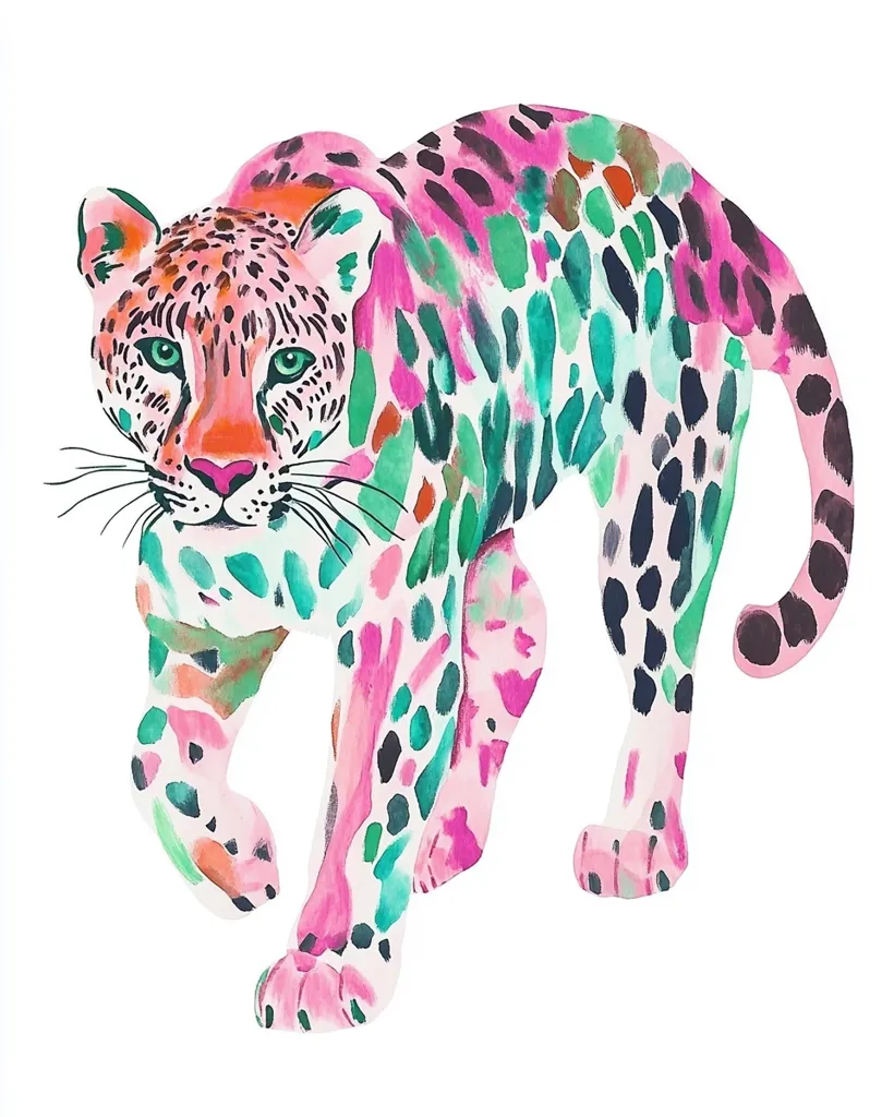Here's a description of the image:

The image showcases a stylized watercolor painting of a leopard.  The leopard is depicted in a vibrant, almost psychedelic color palette of pinks, greens, and teals splashed across its coat, replacing the usual tawny spots with abstract blotches of color. The leopard's eyes are a striking green, and its expression is alert and focused.  The overall style is bold and modern, with a playful approach to the animal's typical coloring. The background is plain white, making the colorful leopard the clear focal point.