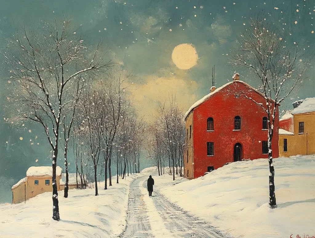 A solitary figure walks a snow-covered path under a large, pale moon.  Bare, snow-dusted trees line the road, leading to a vibrant red building, its warm glow contrasting with the cool winter scene.  Smaller buildings are visible in the background, adding depth to the tranquil, almost dreamlike landscape.  The sky is a muted teal, sprinkled with tiny white dots suggesting falling snow. The overall mood is serene and peaceful.